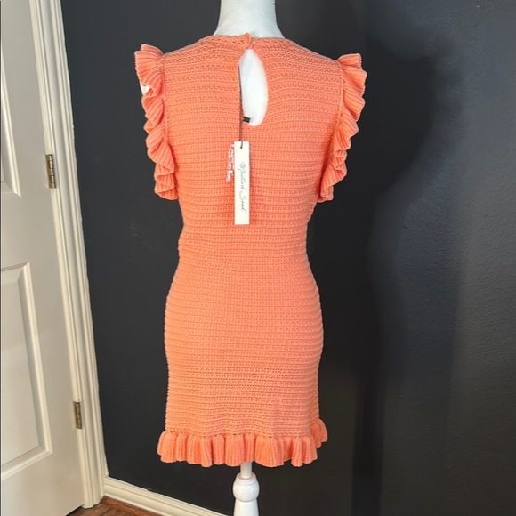 🧶 Mustard Seed Crochet Knit Mini Dress – Coral Ruffle Sleeve – NWT Size L - Picture 2 of 5